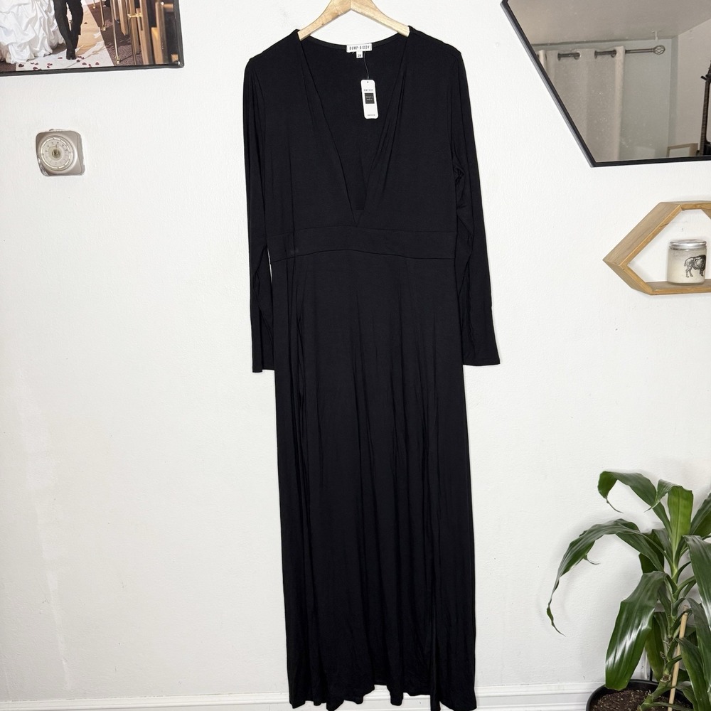 New Bump Biddy Plunge Maxi‎ Black Maternity Dress High Slits Women's 2X